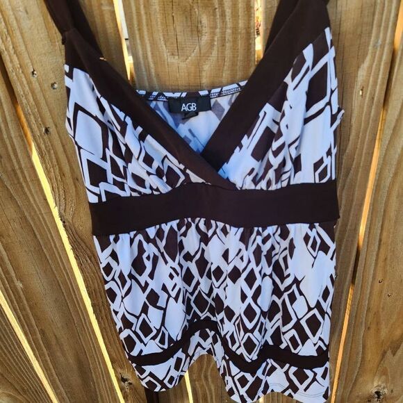 AGB Brown White Strappy Blouse Tie Waist Women's Medium Y2k - Picture 2 of 6